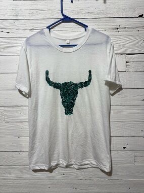 White Womens Graphic Tee with Teal Bull Skull Print Relaxed Fitting Baggy